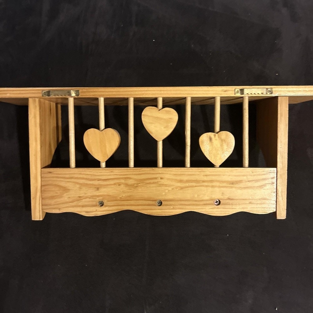 Vintage Wood Wall Mounted Coat & Hat Rack with Shelf, Heart Cutouts, 3‎ Pegs - Picture 3 of 9